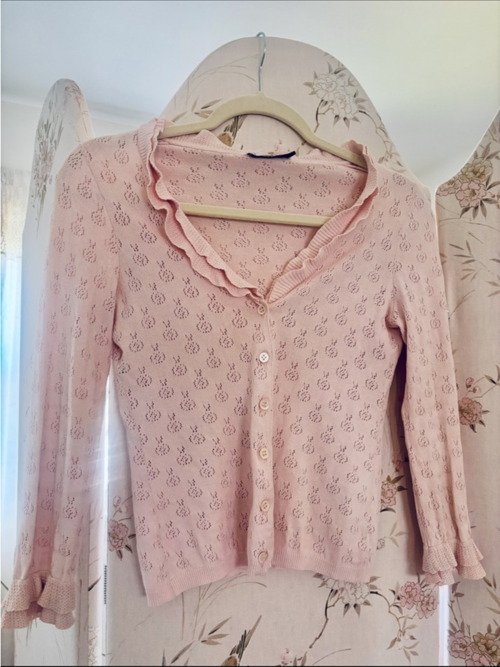 Moschino Pink Eyelet Knit Ruffle Cardigan